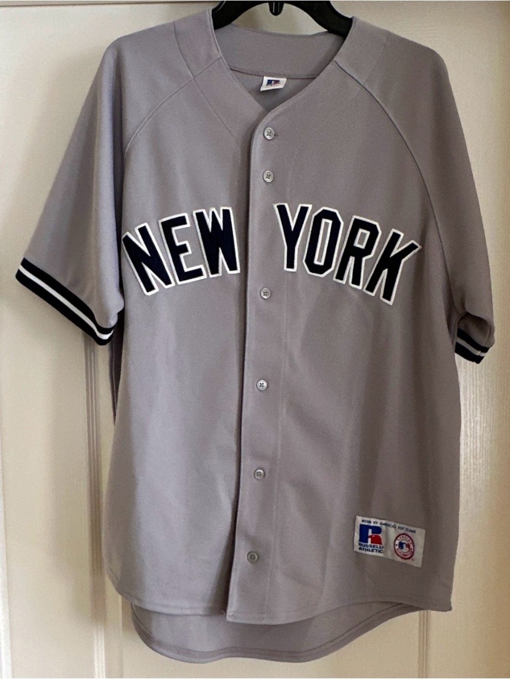 Authentic Russell Athletic Grey New York Baseball Jersey with Black Trim